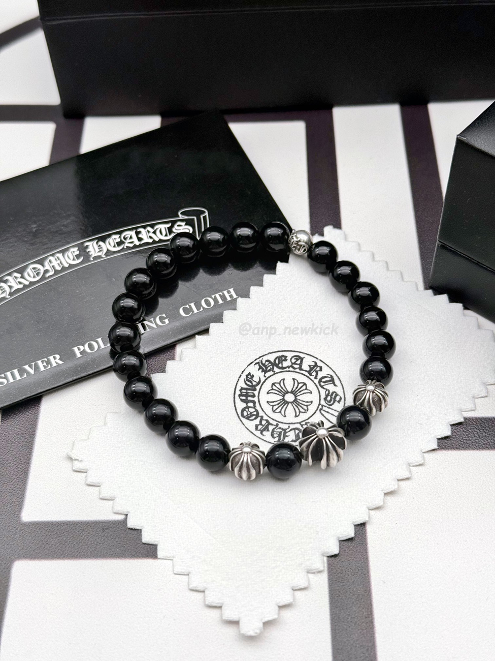 Chrome Hearts Obsidian Cross Flower Silver Ball Bracelet (1) - www.newkick.vip